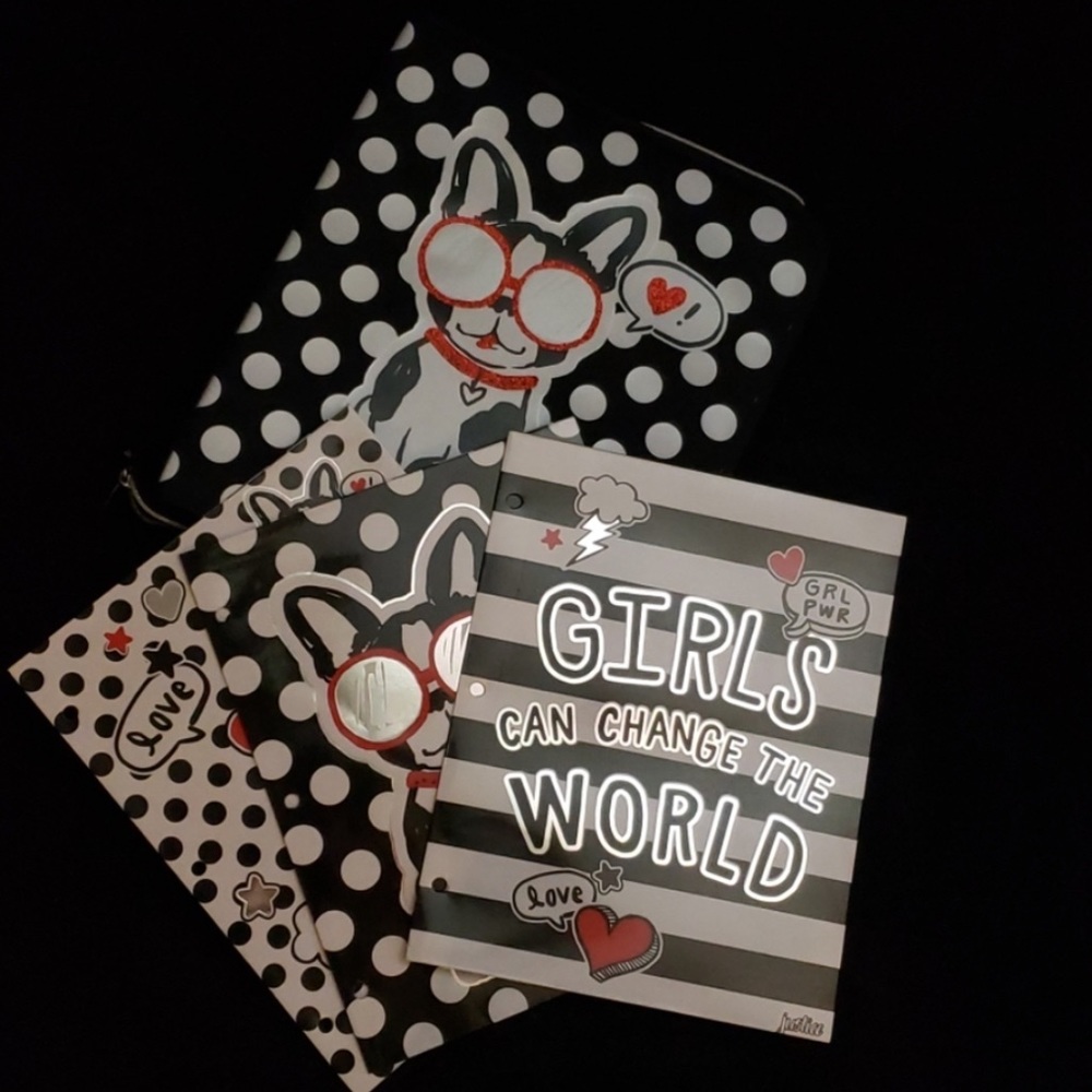 Justice girl binder with 2 folders a pencil pouch and an eraser